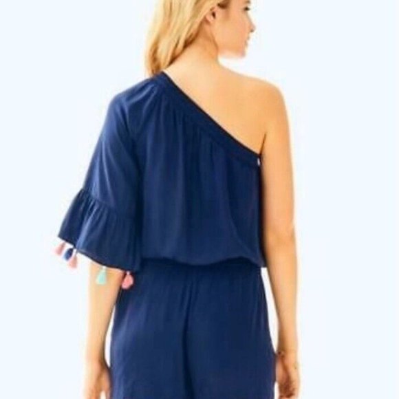 NWT * Lilly Pulitzer Amerie Romper XL Navy Blue Off Shoulder Tassels 1 Sleeve - Picture 4 of 7